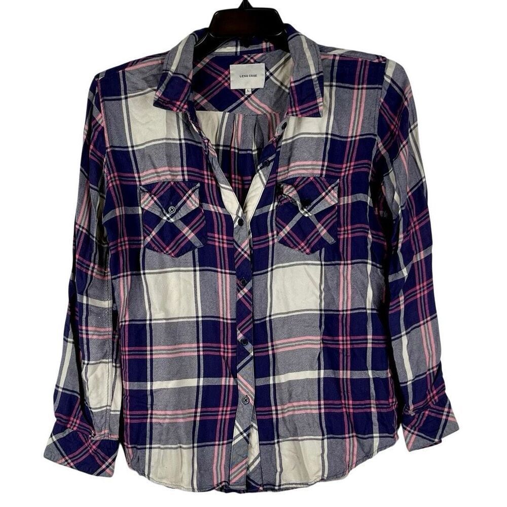Lena Case Purple Plaid Button Down Top Large